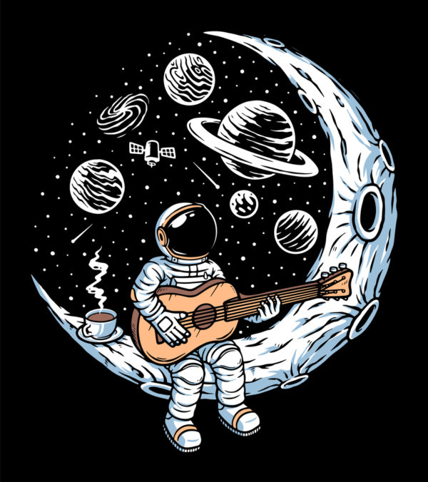 astronaut playing a guitar on the crescent moon, planets in the background - deposit photos