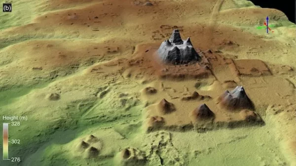 complex of Maya pyramids in Guatemala as seen via lidar