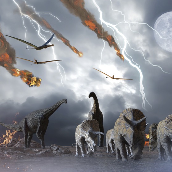 Dinosaurs running from the meteor strike that made them extinct - Deposit Photos