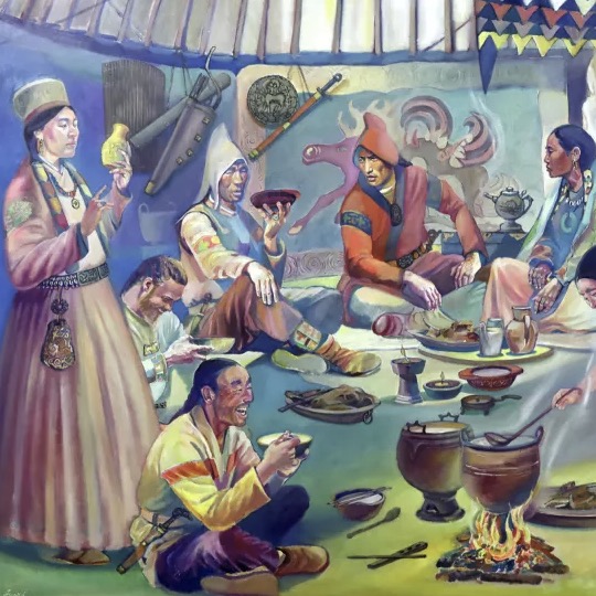 An artist reconstruction of life among the Xiongnu imperial elite, who received rich burials in their multiethnic empire on the Mongolian steppe. (Image credit: DAIRYCULTURES Project)