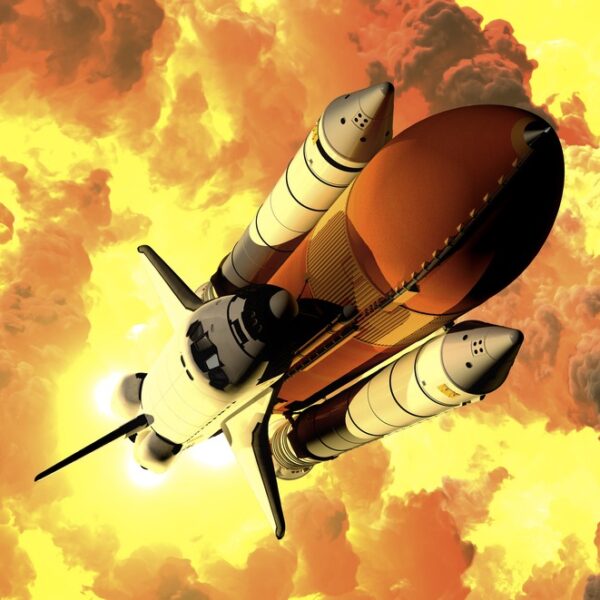 illustration of a space shuttle takeoff as seen from above, on a blaze of fire - deposit photos