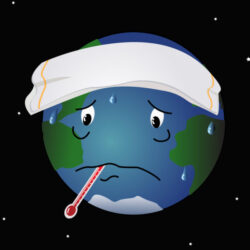 illustration of Earth with eyes, a mouth, a towel on its head and a thermometer in its mouth - deposit photos
