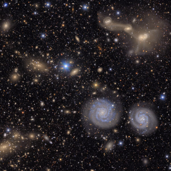 A piece of the Rubin Observatory's view of the Virgo Cluster featuring spiral galaxies and merging galaxies. (Image credit: NSF–DOE Vera C. Rubin Observatory)